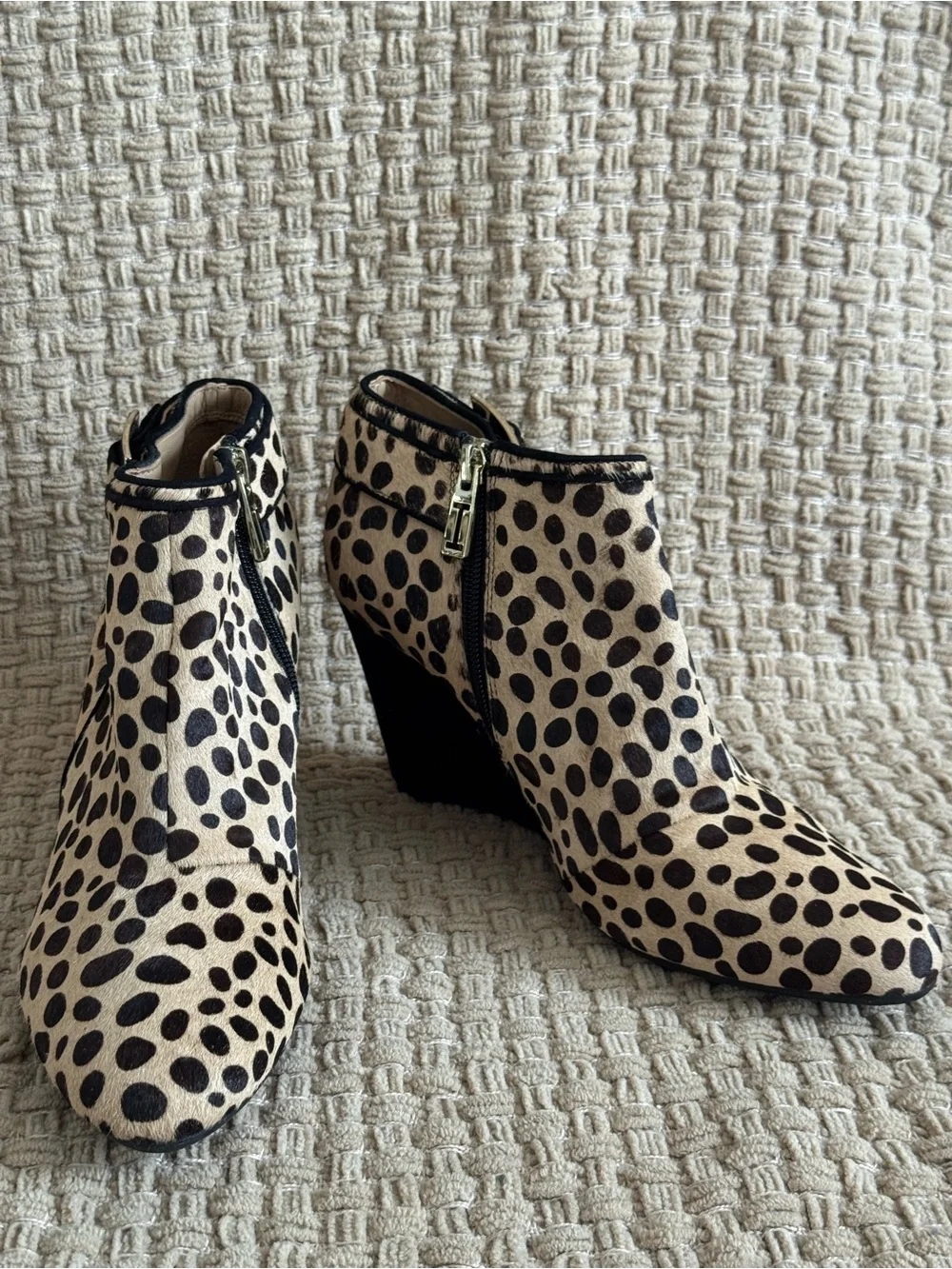 Isaac Mizrahi Black on Cream Leopard Spot Wedge Ankle Boots